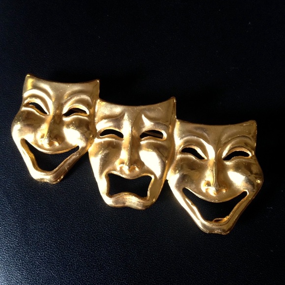 Vintage Jewelry - Vintage Big Golden Theater Faces Brooch